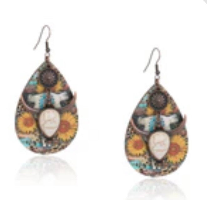 Long Horn Tear Drop Wood Painted Earrings