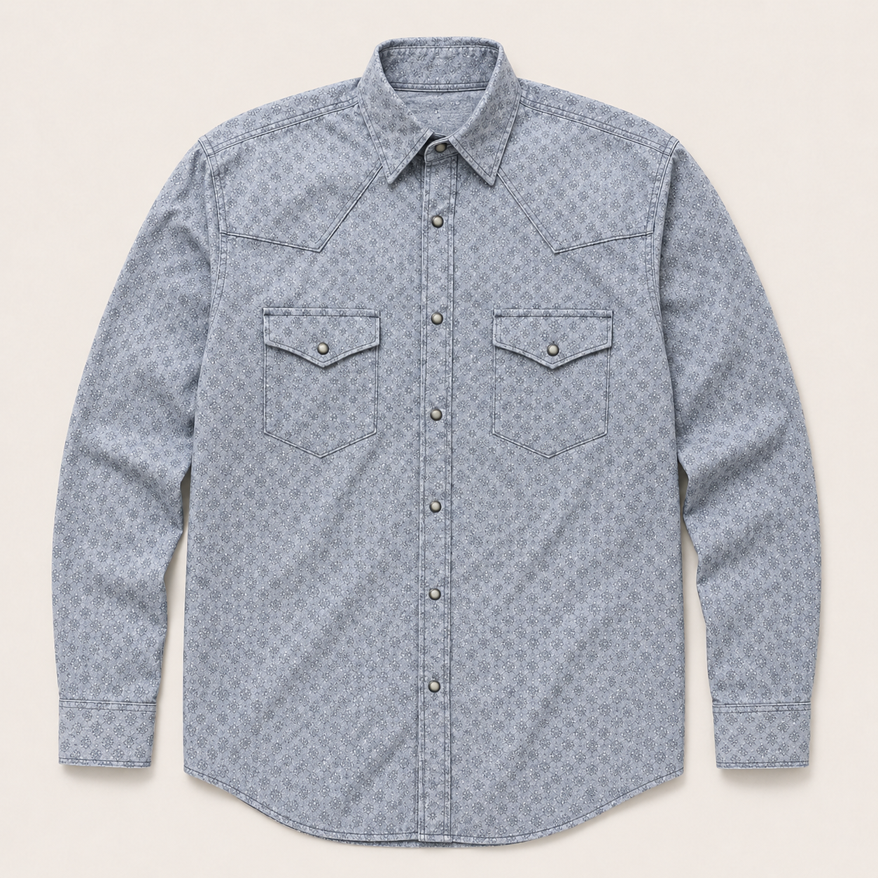 Men's Light Grey Vintage Geo Print Long Sleeve Cowboy Western Snap Shirt