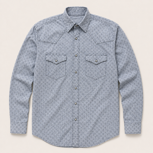Men's Light Grey Vintage Geo Print Long Sleeve Cowboy Western Snap Shirt