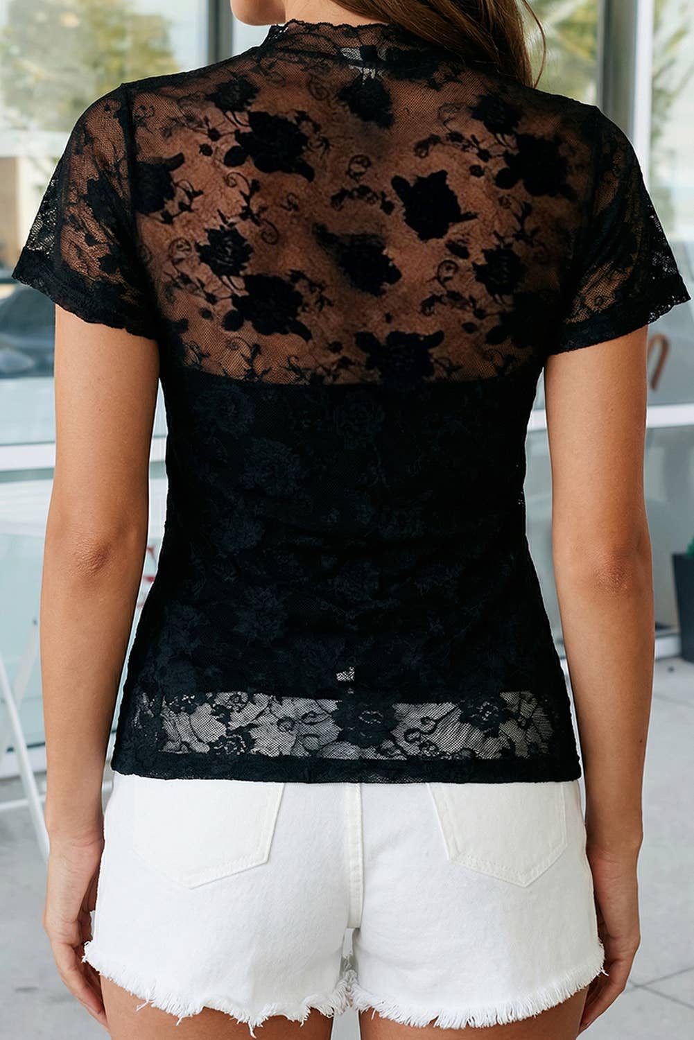 Sheer Floral Lace Mesh Short Sleeve Top