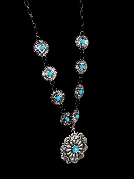 Concho Drop Necklace Silver and Turquoise