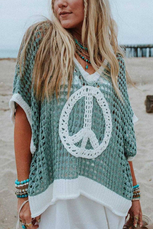 Peace Sign Knit Hooded Sweater