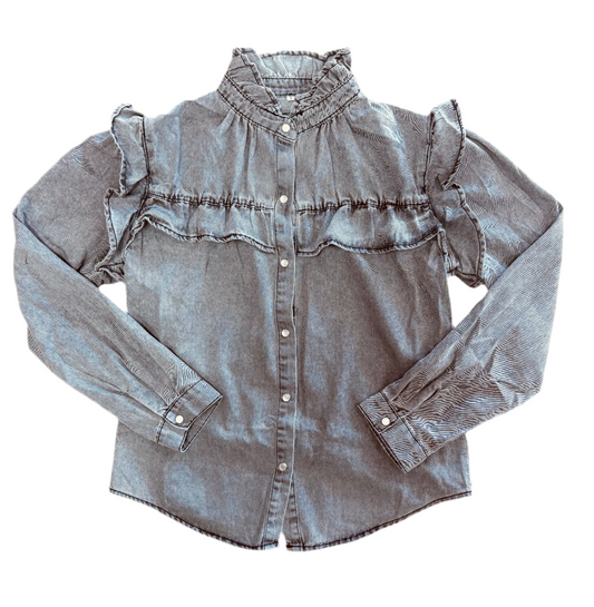 Ruffle Button Closure Denim Blouse