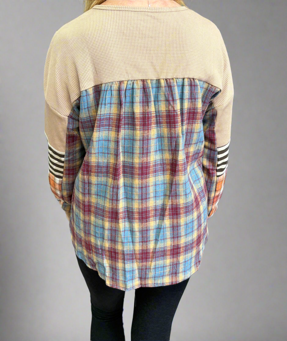 Western Waffle Stripe Plaid Patchwork Henley Knit Top
