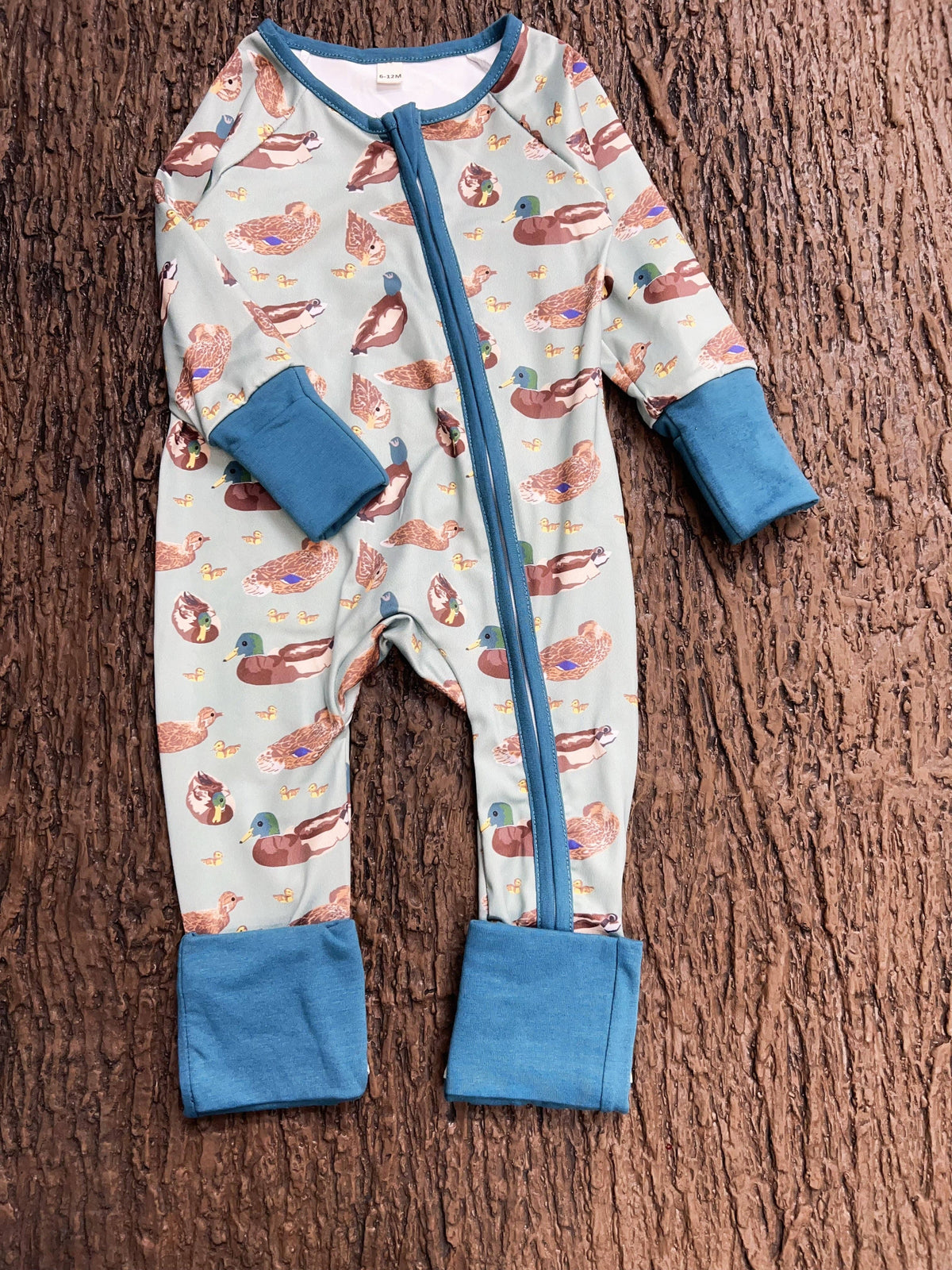 Green Mallard Duck printed baby romper w/foldable footie & hands.