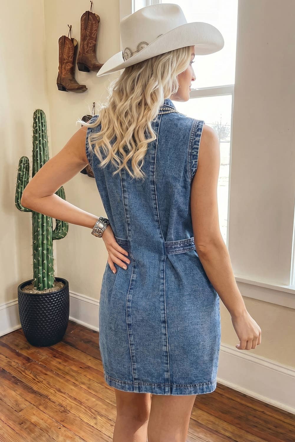 Western Belt Button Down Sleeveless Denim Short Dress (S-XL)