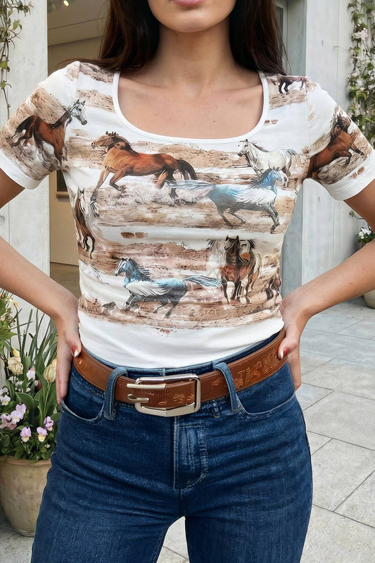 Western Galloping Horses Printed Slim Fit T Shirt (S-XL)