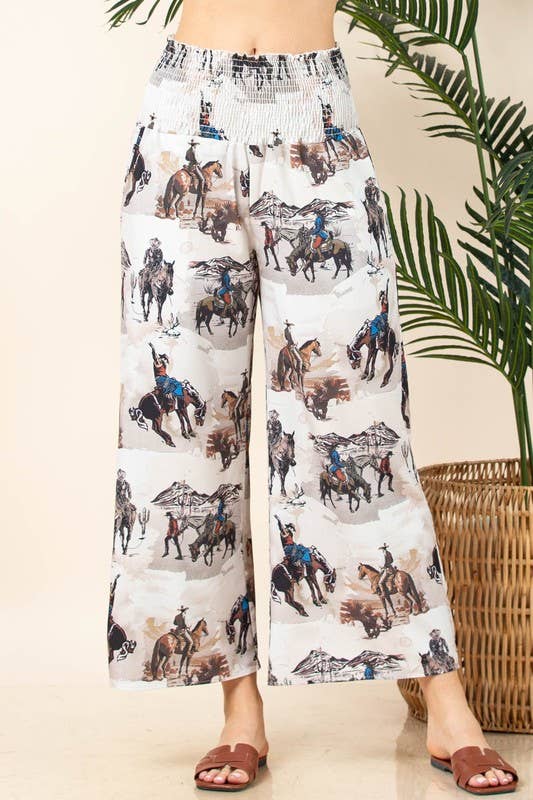 Western Print Elastic Smock Waist Pants