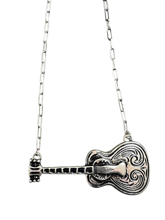 Silver Western Guitar Necklace