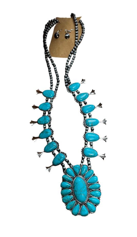 Turquoise Squash Blossom Necklace and Earring Set