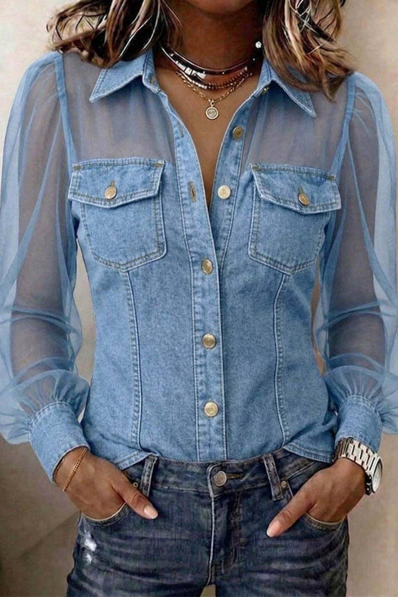 Sheer Sleeve Button-Front Shirt