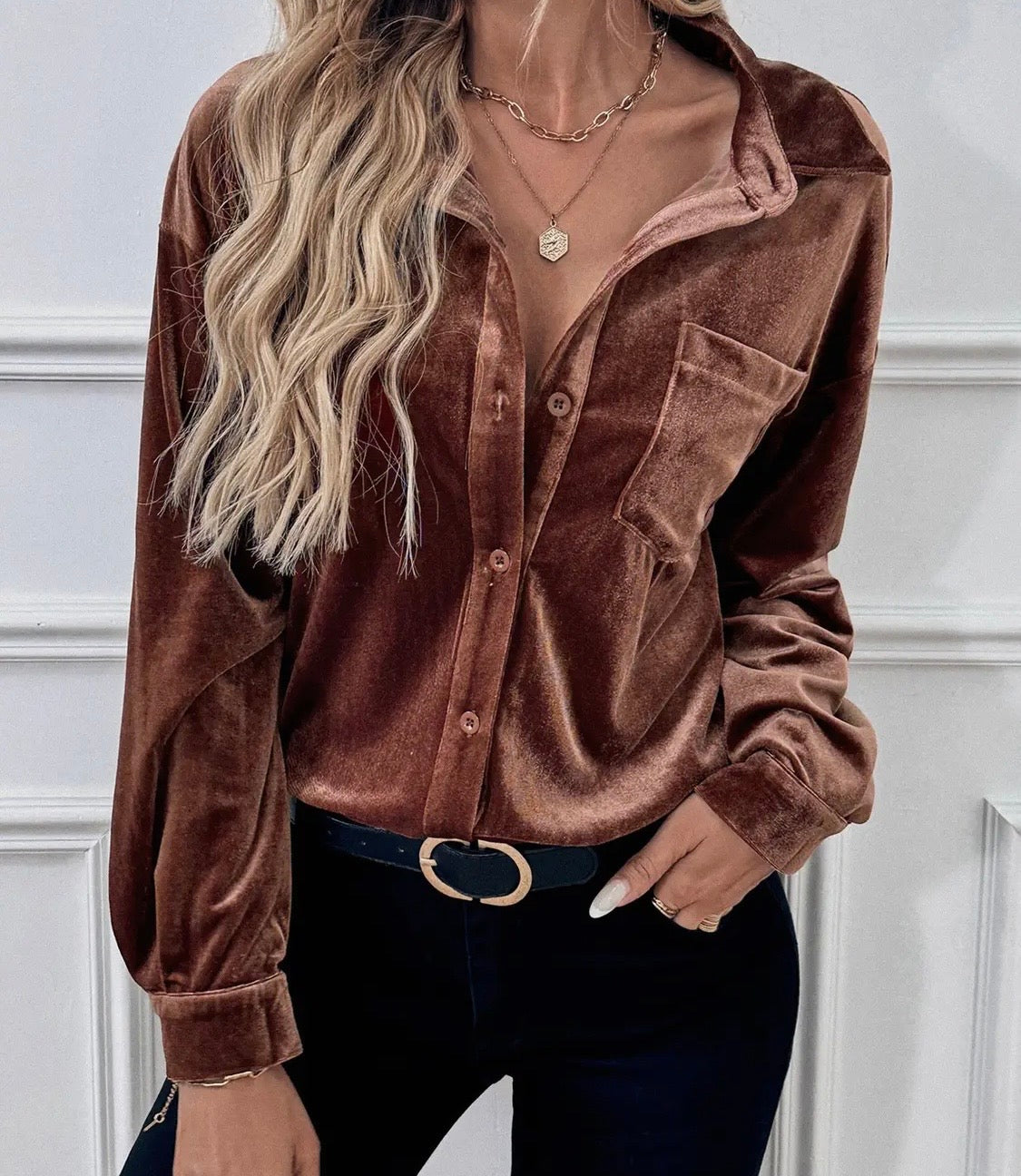 Velvet Button-Up Blouse