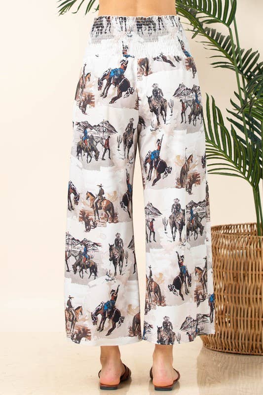 Western Print Elastic Smock Waist Pants