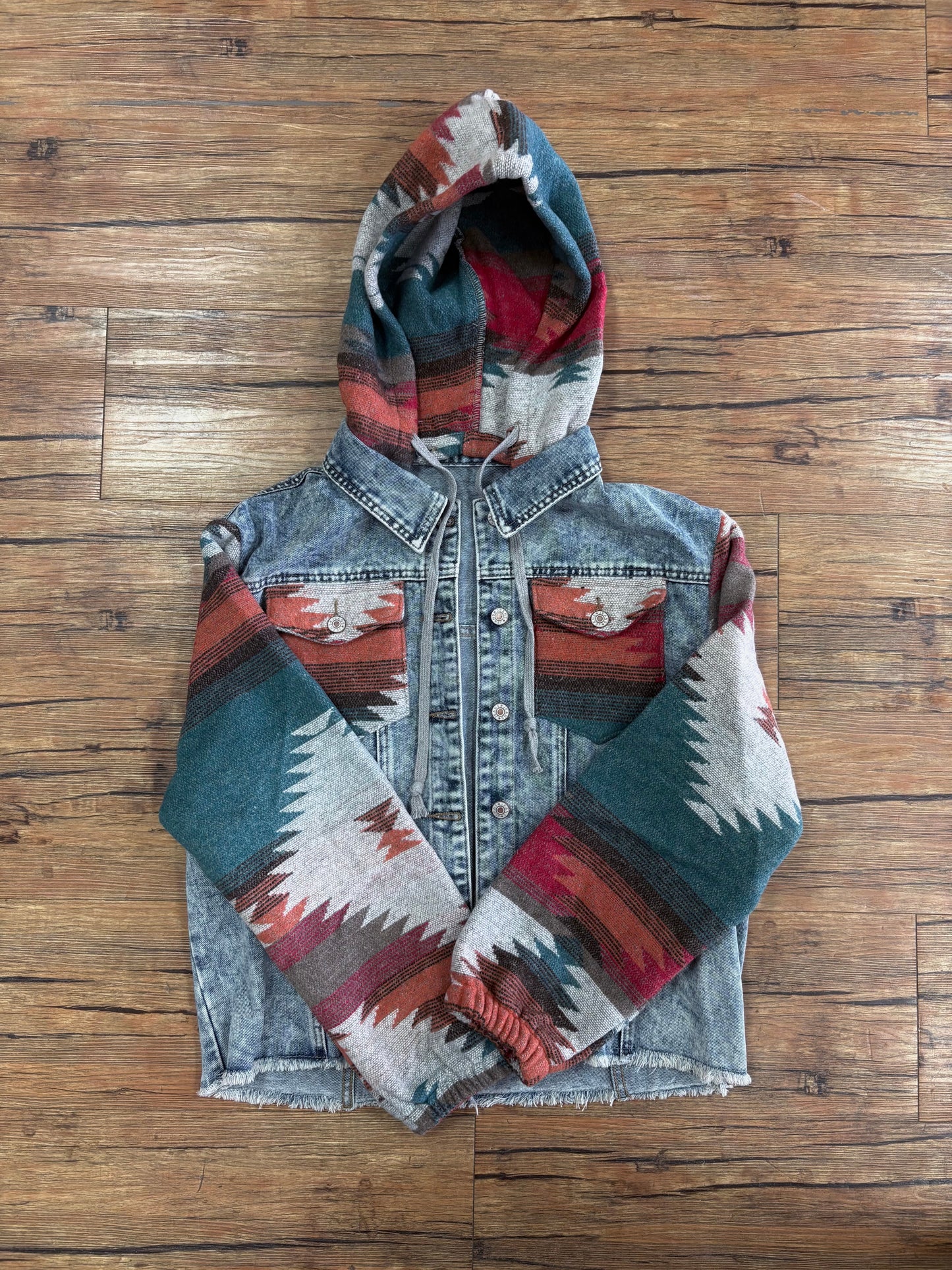 Multicolor Print Frayed Hem Denim Jacket