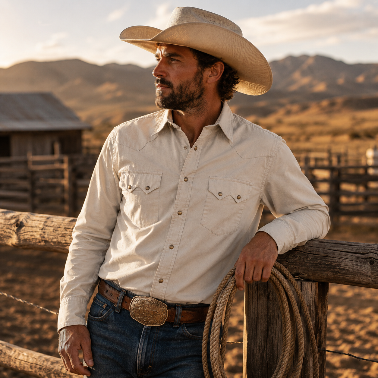 Men's Ecru Solid Long Sleeve Cowboy Western Snap Shirt