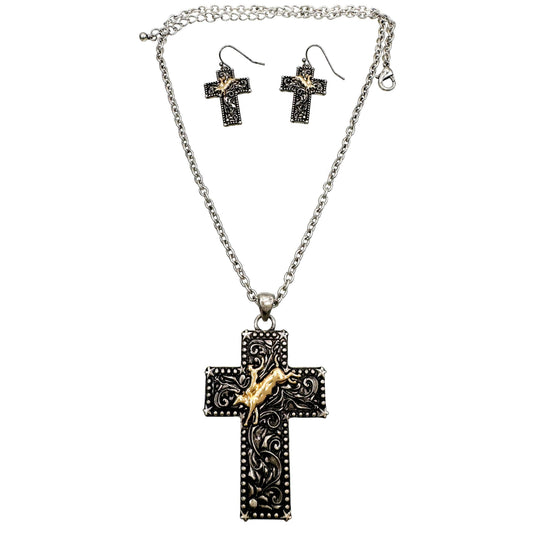 Cowboy Rodeo on Western Cross Pendant Necklace Earrings Set