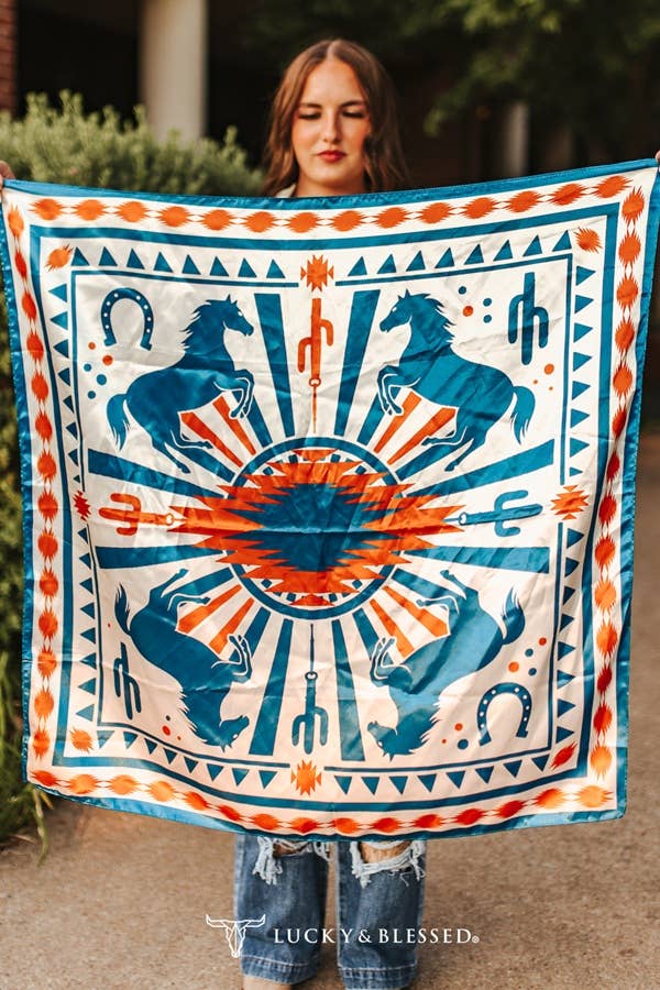 Teal Horse Orange Aztec Double Sided Printed Wild Rag