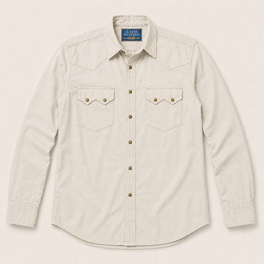 Men's Ecru Solid Long Sleeve Cowboy Western Snap Shirt