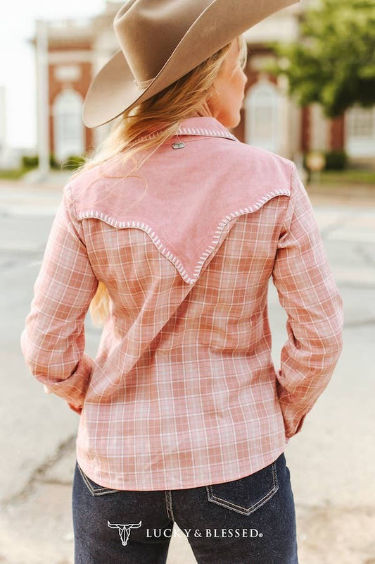 Pink Plaid Button Down Embroidered Pocket Yoke Shirt
