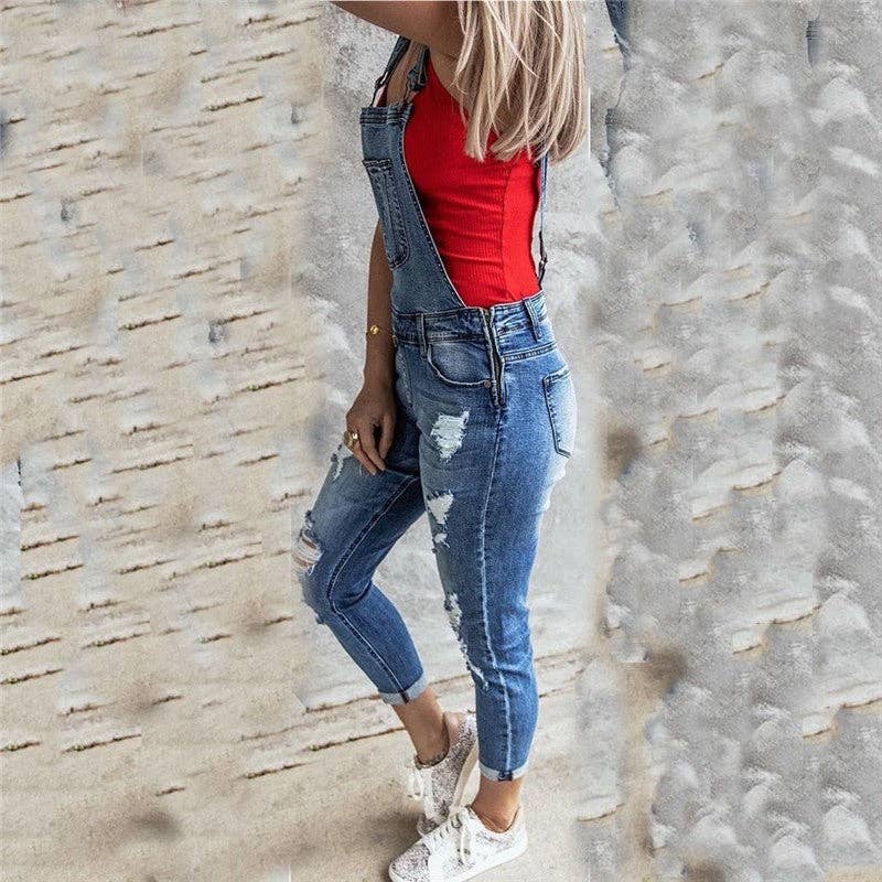 Retro Ripped Stretch Denim Overalls