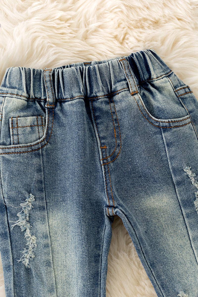 Stretchy waistband bootcut denim pants.