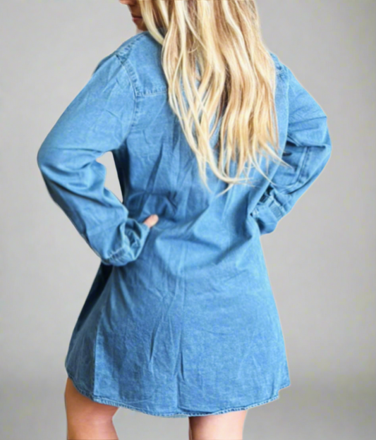 Washed Button Closure Denim Dress