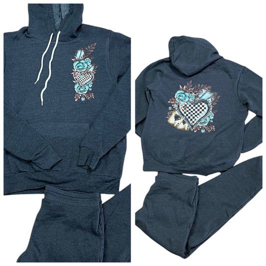 Checkered Heart & Roses Sweatshirt/Sweatpants Set