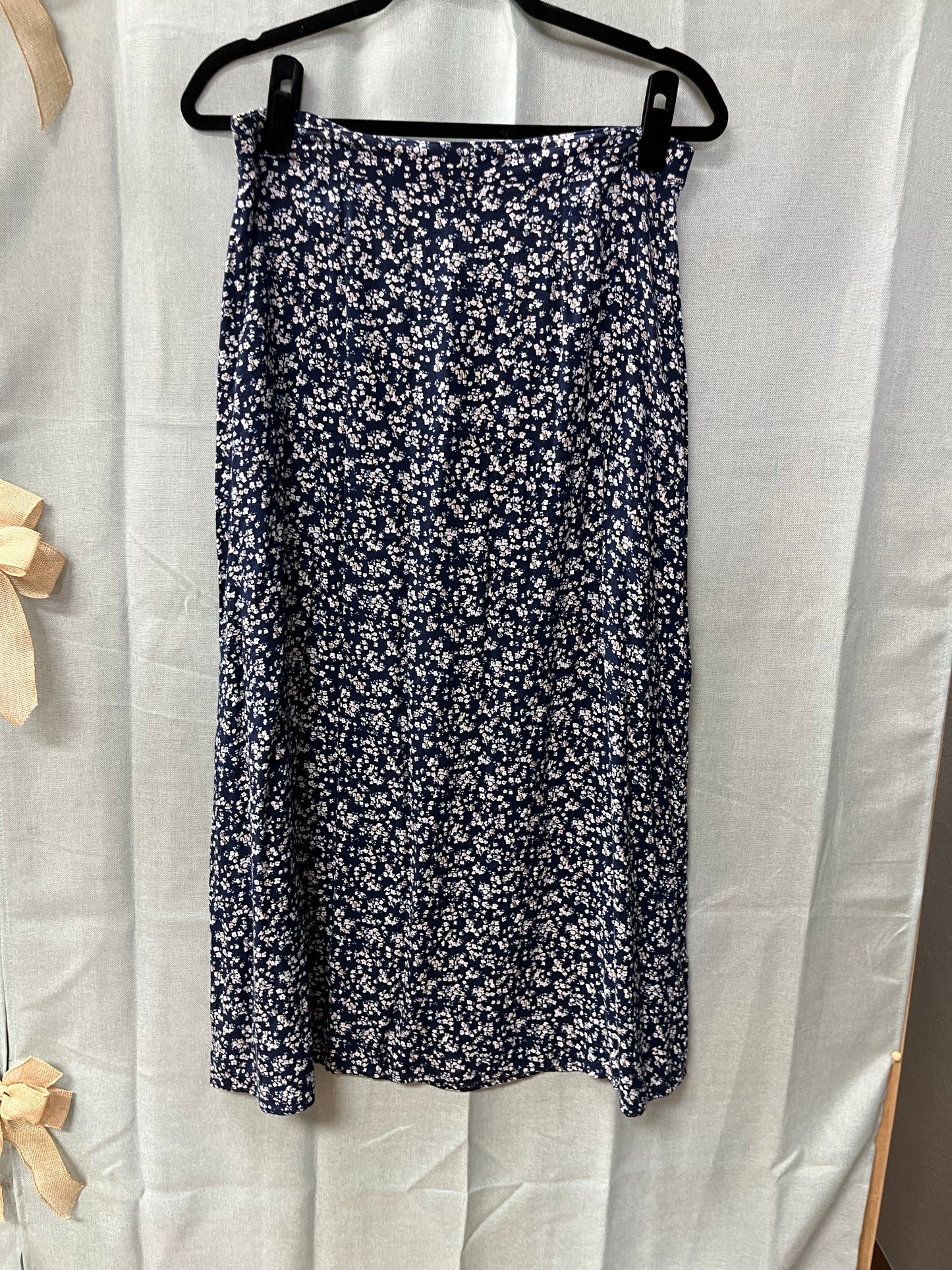 Navy Blue Floral Print Long Skirt-Size L