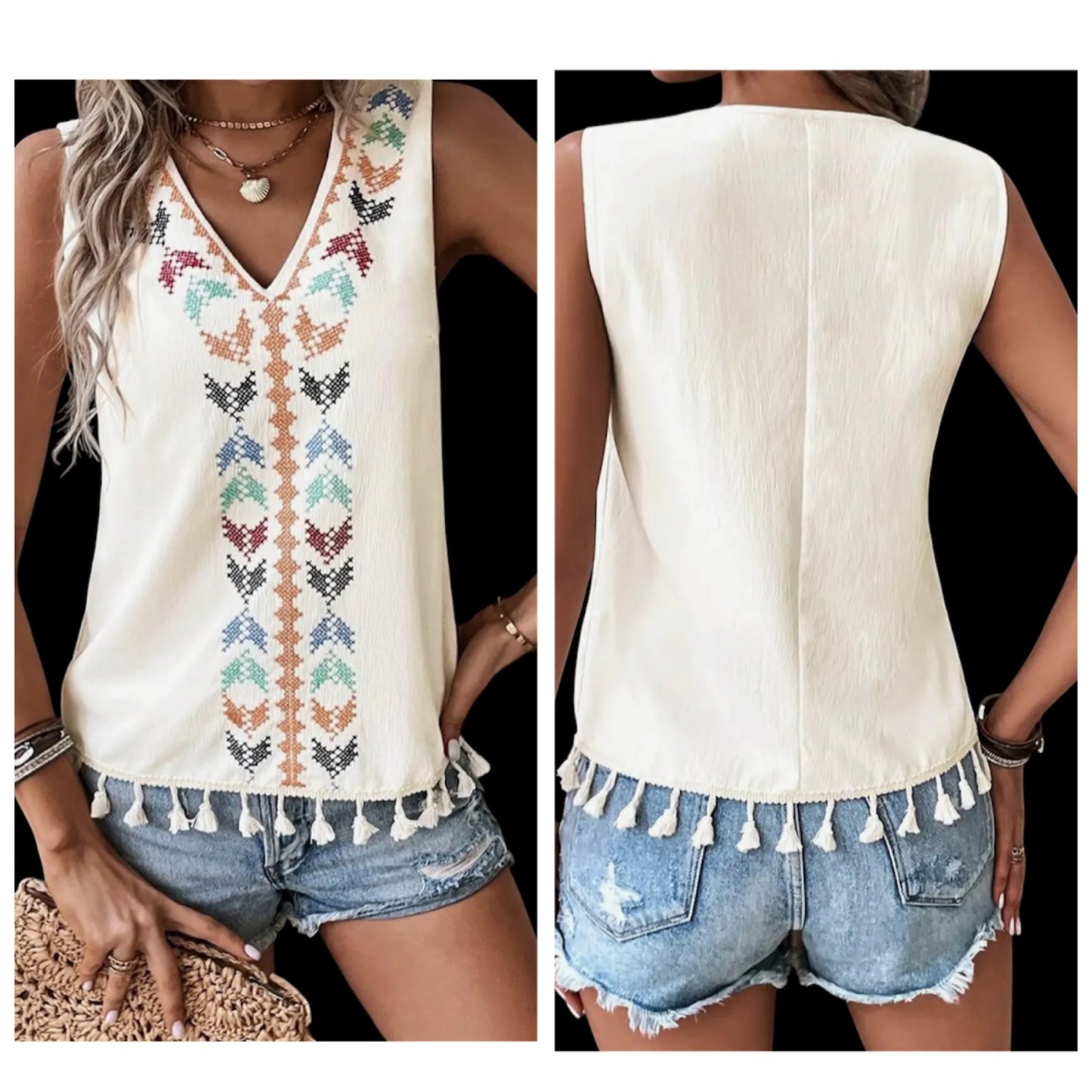 Tassel Trim V-Neck Tank