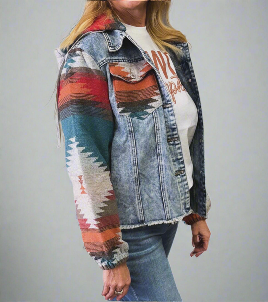Multicolor Print Frayed Hem Denim Jacket