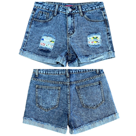 Denim Shorts with Fabric Inset