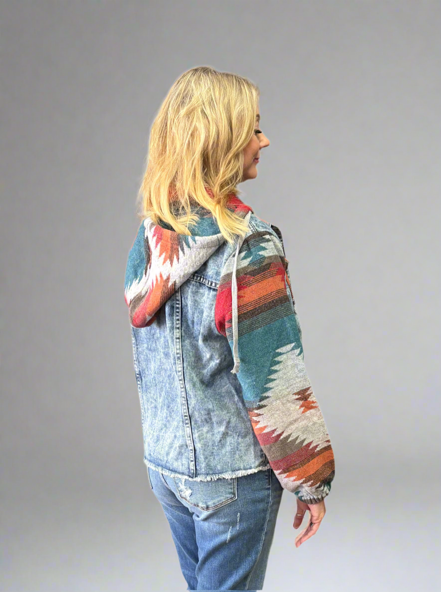 Multicolor Print Frayed Hem Denim Jacket