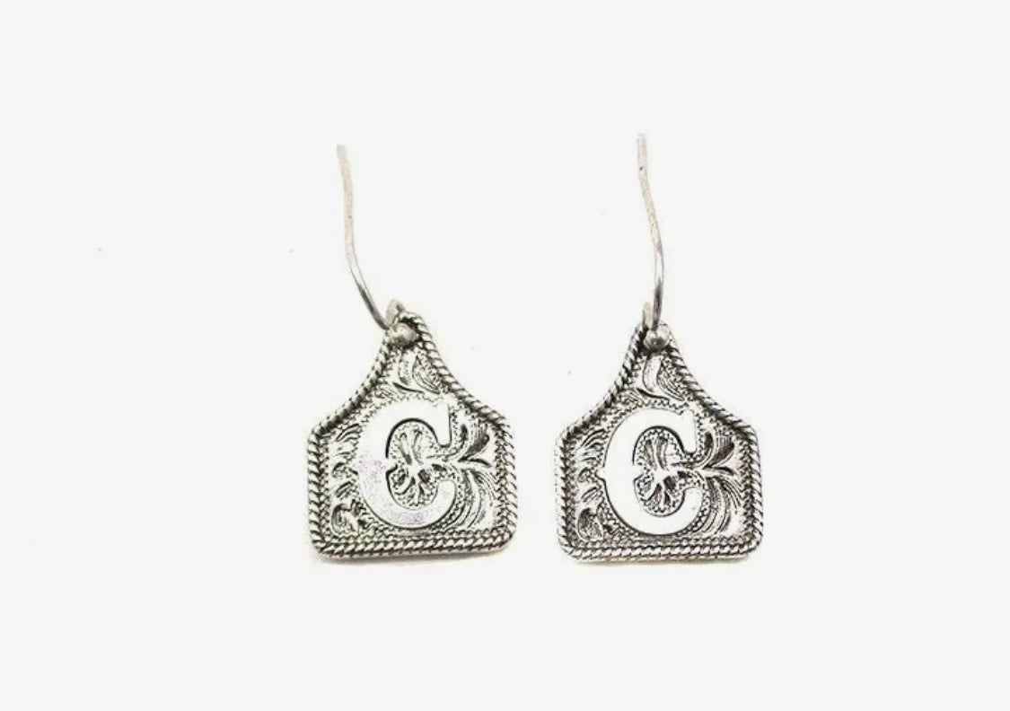 Western Etched Cattle Tag Initial Earrings