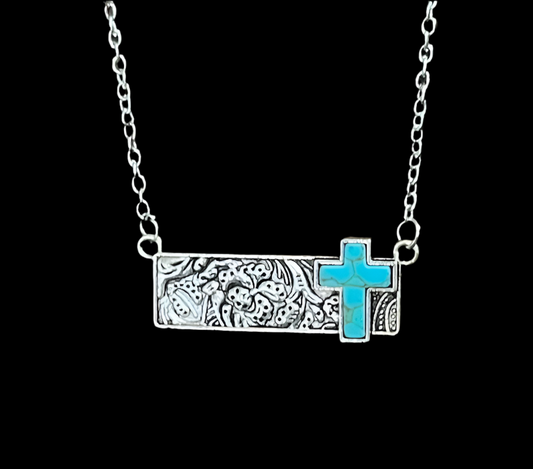 Turquoise Cross Tooled Bar Silver Necklace