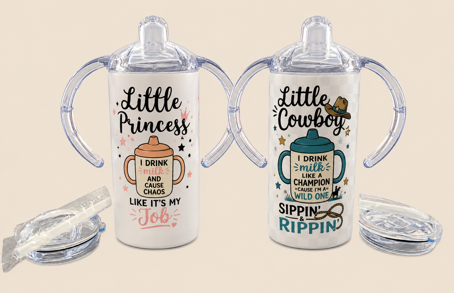 Custom Toddler Sippy Cups (includes cup, sippy lid with handles, tumbler lid, and a straw)