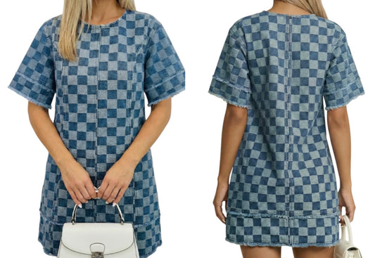 Checkered Frayed Hem Denim Dress