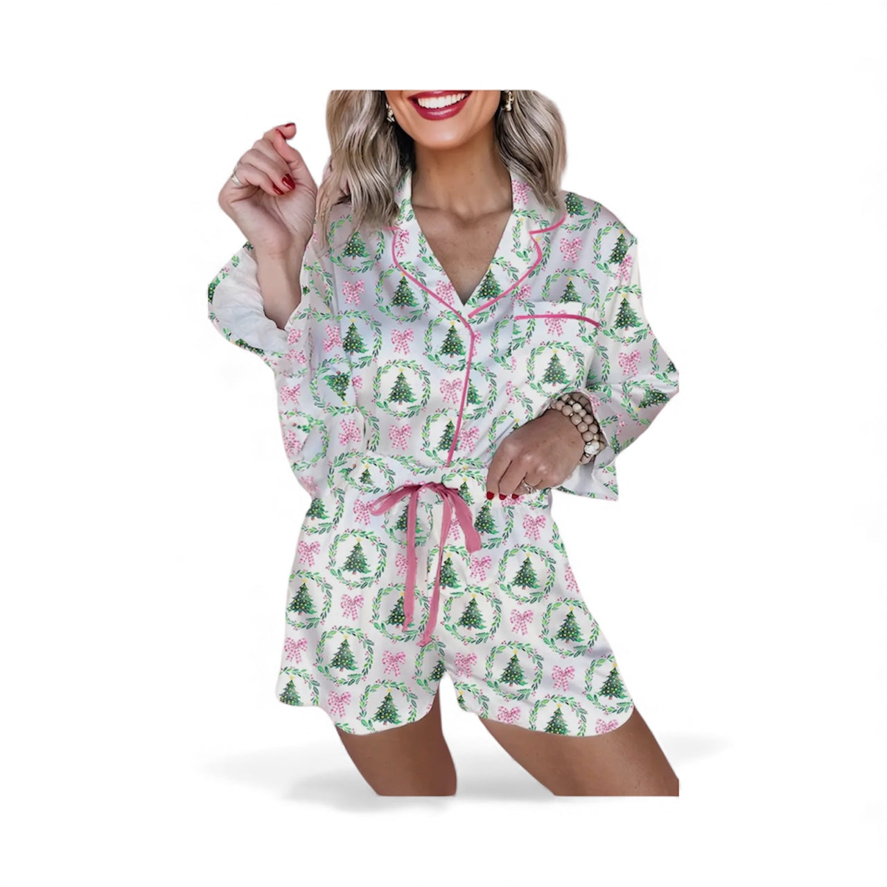 Christmas Print Velvet Trim Pajama Set