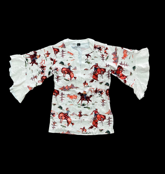 Western Cowboy & Floral Print Ruffle Sleeve Top