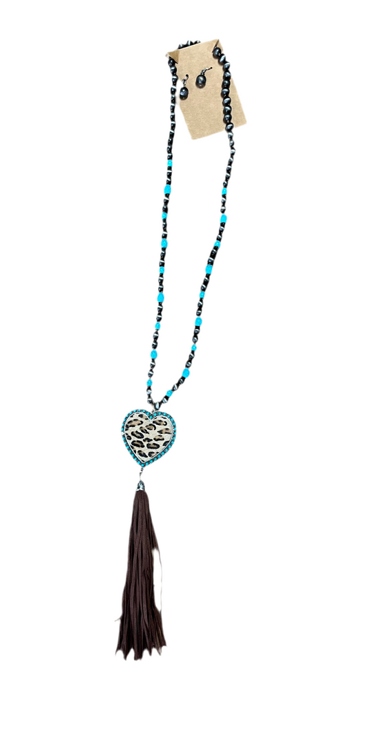 Tassel Leopard Heart Necklace and Earring Set