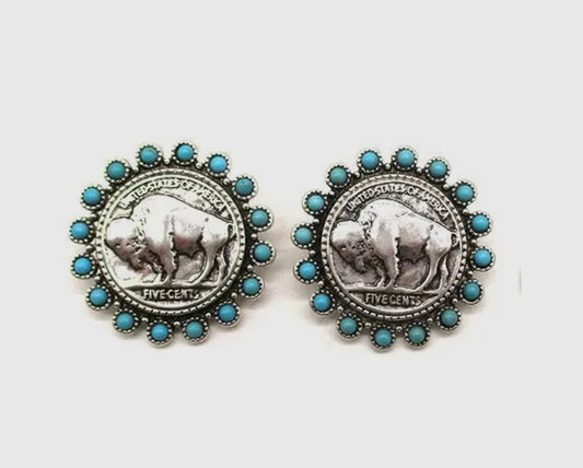 Western Buffalo Coin Turquoise Earrings
