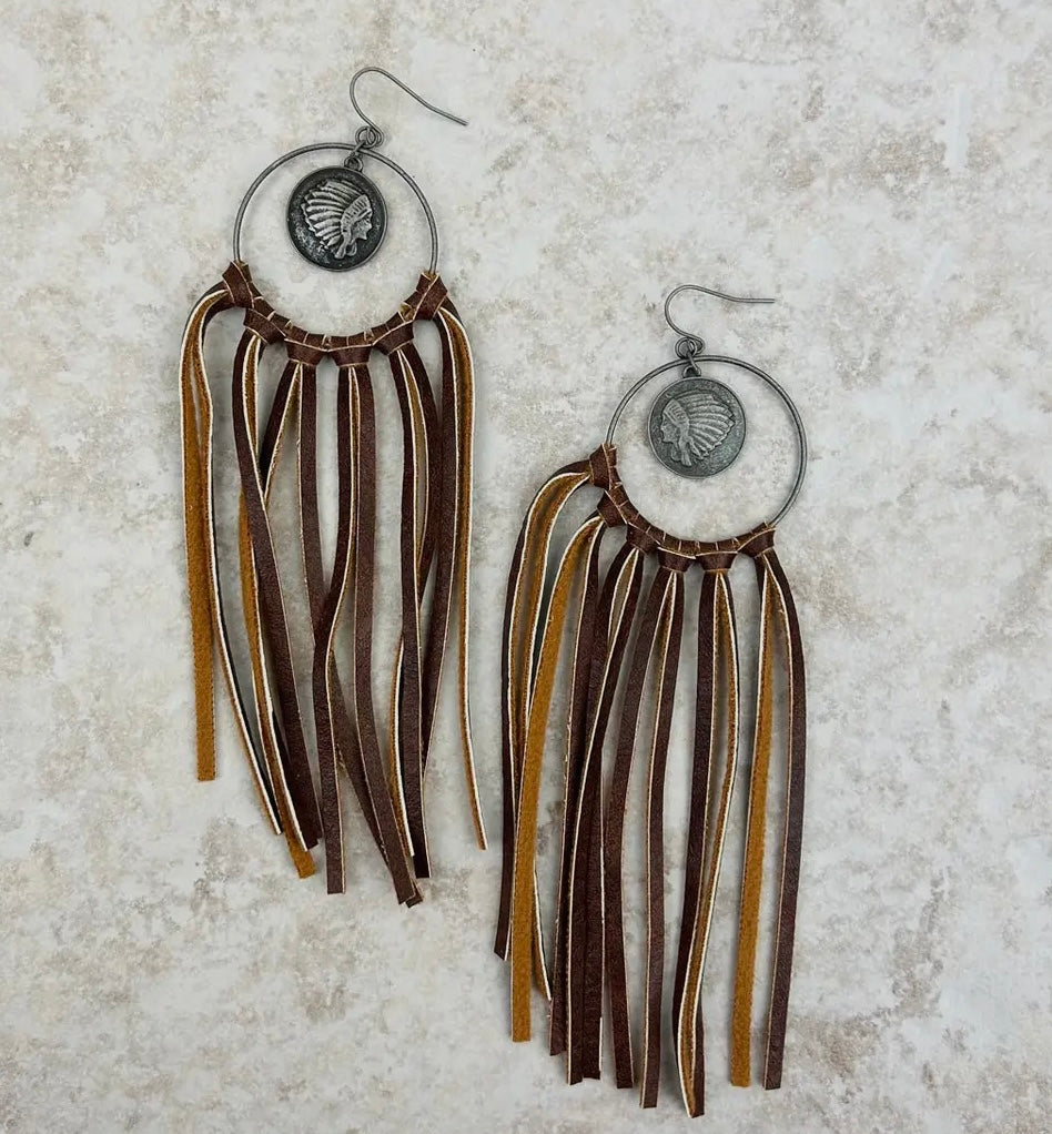 Hoop with Coin Indian Head Tassel Earrings