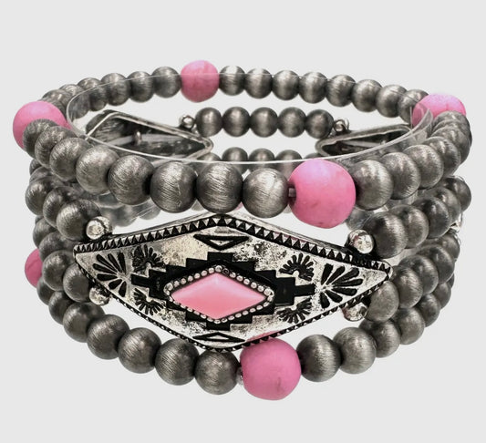 Aztec 3-Piece Pink Turquoise Stretch Bracelet Set