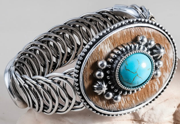 Rustic Couture Antique Turquoise Cowhide Adjustable Bracelet