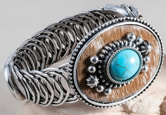 Rustic Couture Antique Turquoise Cowhide Adjustable Bracelet