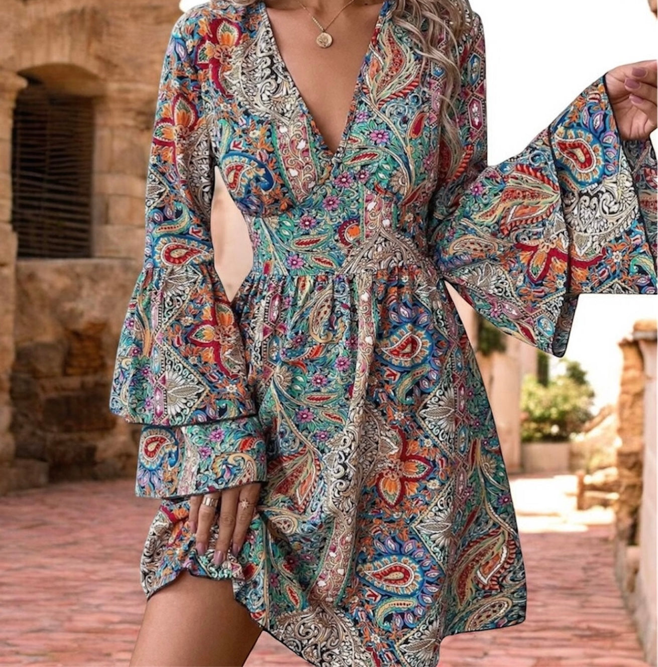 Boho V-Neck Flare Sleeve Dress