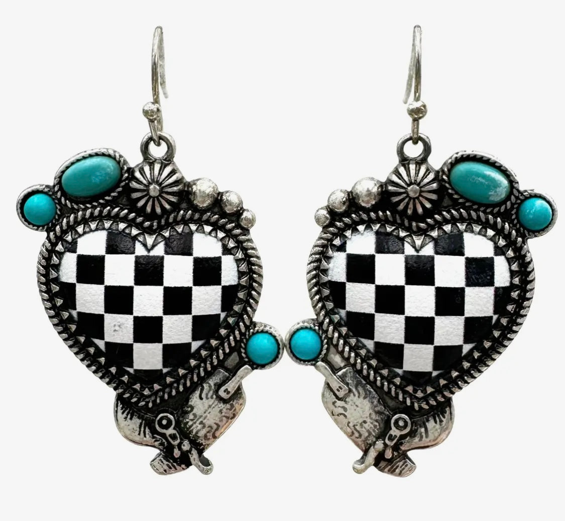 Western Checkered Heart Earrings