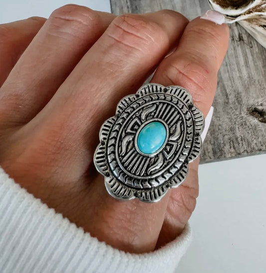 Western Turquoise Oval Concho Ring-Size 8