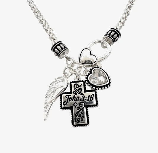 John 3:16 Cross Angelic Heart Necklace Set
