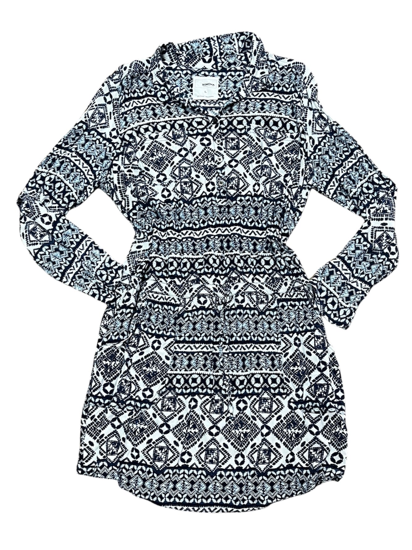 Navy Blue Tie Waist Patterned Dress-Size L