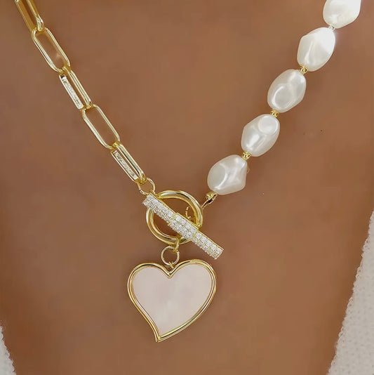 Gold, Rhinestone, & Pearl Heart Shape Necklace